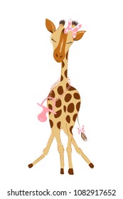 Hand drawn vector illustration with a cute giraffe female baby girl celebrating new birth - isolated on white background