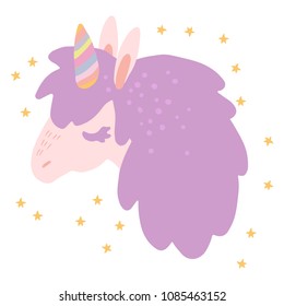 Hand drawn vector illustration of cute unicorn with rainbow horn and small stars. Isolated on white. Simple sweet kids nursery art Scandinavian style. Graphic design for apparel.