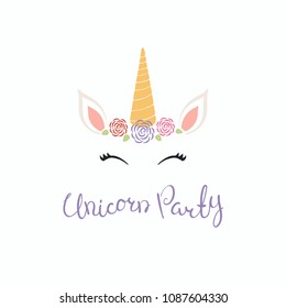 Hand drawn vector illustration of a cute funny unicorn face cake decoration with roses, lettering quote Unicorn party. Isolated objects on white background. Flat style design. Concept children print.