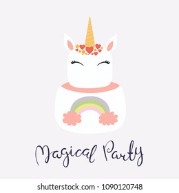 Hand drawn vector illustration of a cute funny unicorn cake with face, horn, ears, hearts, lettering quote Magical party. Isolated on light background. Flat style design. Concept for children print.
