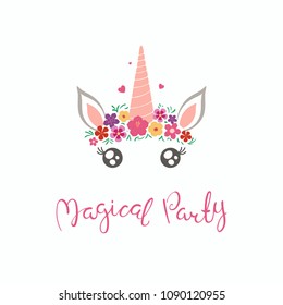 Hand drawn vector illustration of a cute funny unicorn face cake decoration with flowers, lettering quote Magical party. Isolated on white background. Flat style design. Concept for children print.