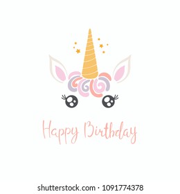 Hand drawn vector illustration of a cute funny unicorn face cake decoration with lettering quote Happy birthday. Isolated objects on white background. Flat style design. Concept for children print.