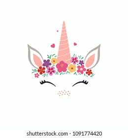 Hand drawn vector illustration of a cute funny unicorn face cake decoration with flowers. Isolated objects on white background. Flat style design. Concept for children print.