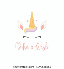 Hand drawn vector illustration of a cute funny unicorn face cake decoration with lettering quote Make a wish. Isolated objects on white background. Flat style design. Concept for children print.