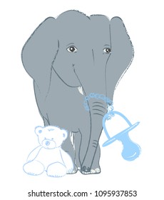 Hand drawn vector illustration with a cute baby elephant celebrating new birth - isolated on white background