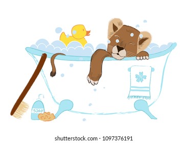 Hand drawn vector illustration with a cute baby lion celebrating new birth - isolated on white background
