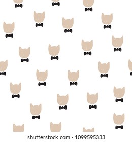 Hand drawn vector illustration with cute cats head in bow tie. Seamless cartoon pattern.