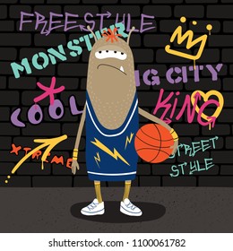 Hand drawn vector illustration of a cute funny monster in a tank top, holding a basketball ball, with a wall with graffiti in the background. Isolated objects. Concept for children print.