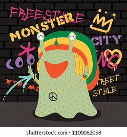 Hand drawn vector illustration of a cute funny monster in a rasta hat, making peace signs, with a wall with graffiti in the background. Isolated objects. Concept for children print.