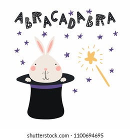 Hand drawn vector illustration of a cute funny bunny appearing from magician top hat, with lettering quote Abracadabra. Isolated objects. Scandinavian style flat design. Concept for children print.