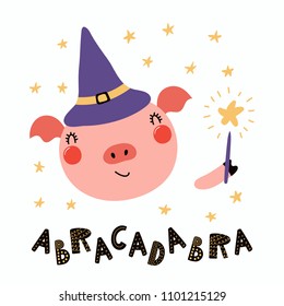 Hand drawn vector illustration of a cute funny pig in a witch hat, holding magic wand, with lettering quote Abracadabra. Isolated objects. Scandinavian style flat design. Concept for children print.