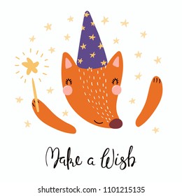 Hand drawn vector illustration of a cute funny fox in a wizard hat, holding magic wand, with lettering quote Make a wish. Isolated objects. Scandinavian style flat design. Concept for children print.