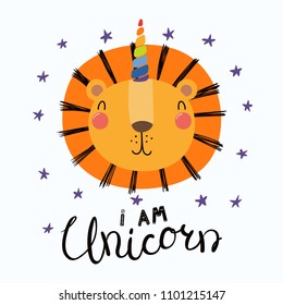 Hand drawn vector illustration of a cute funny lion with a unicorn horn, lettering quote I am unicorn. Isolated objects. Scandinavian style flat design. Concept for children print.
