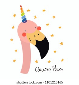 Hand drawn vector illustration of a cute funny flamingo with a unicorn horn, lettering quote Unicorn power. Isolated objects. Scandinavian style flat design. Concept for children print.