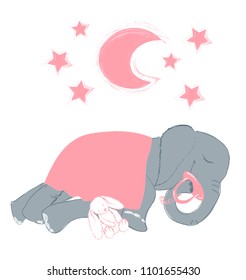 Hand drawn vector illustration with a cute baby elephant celebrating new birth - isolated on white background