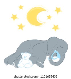 Hand drawn vector illustration with a cute baby elephant sleeping celebrating new birth - isolated on white background