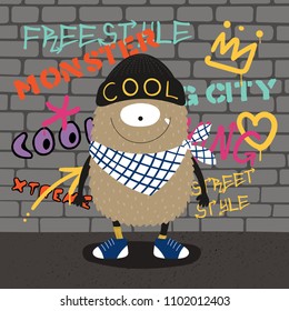 Hand drawn vector illustration of a cute funny monster in beanie, bandana and sneakers, with a wall with graffiti in the background. Isolated objects. Concept for children print.