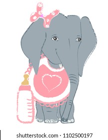 Hand drawn vector illustration with a cute baby elephant with feeding bottle celebrating new birth - isolated on white background