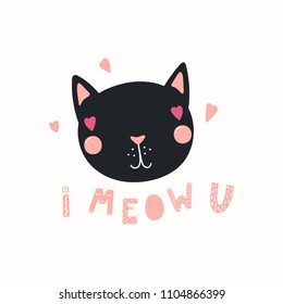 Hand drawn vector illustration of a cute funny cat with heart shaped eyes, lettering quote I meow you. Isolated objects. Scandinavian style flat design. Concept for children print.