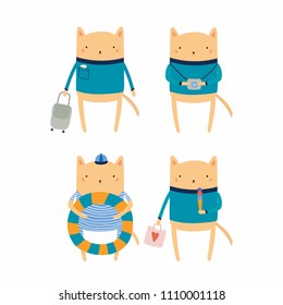 Hand drawn vector illustration of cute funny cat on summer holidays. Isolated objects. Scandinavian style flat design. Concept for children print.