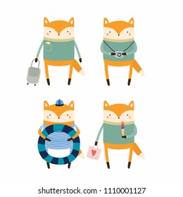 Hand drawn vector illustration of cute funny fox on summer holidays. Isolated objects. Scandinavian style flat design. Concept for children print.
