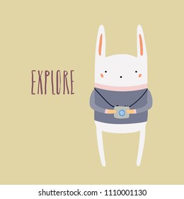 Hand drawn vector illustration of a cute funny bunny with photo camera, lettering quote Explore. Isolated objects. Scandinavian style flat design. Concept for children print, summer holidays.