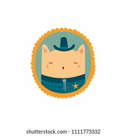 Hand drawn vector illustration of a cute funny portrait in a frame of sheriff cat. Isolated objects. Scandinavian style flat design. Concept for children print.