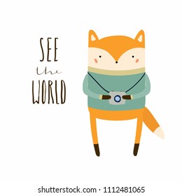 Hand drawn vector illustration of a cute funny fox with photo camera, lettering quote See the world. Isolated objects. Scandinavian style flat design. Concept for children print, summer holidays.