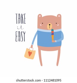 Hand drawn vector illustration of a cute funny bear with ice cream, shopping bag, lettering quote Take it easy. Isolated objects. Scandinavian style flat design. Concept for children print, holidays.