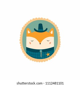 Hand drawn vector illustration of a cute funny portrait in a frame of sheriff fox. Isolated objects. Scandinavian style flat design. Concept for children print.