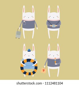 Hand drawn vector illustration of cute funny bunny on summer holidays. Isolated objects. Scandinavian style flat design. Concept for children print.