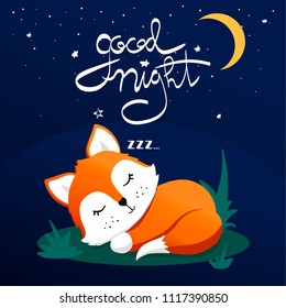 Hand drawn vector illustration of a cute funny sleeping fox, lettering quote Good night. Isolated objects. Concept children print.