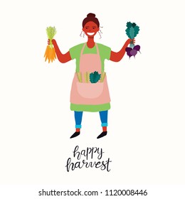 Hand drawn vector illustration of a cute funny beautiful woman picking beets, carrots, with lettering quote Happy Harvest. Isolated objects on white background. Flat style design. Concept fall harvest