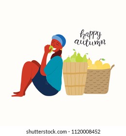 Hand drawn vector illustration of a cute funny girl eating apple, baskets of apples, pears, with lettering quote Happy autumn. Isolated objects on white background. Flat style design. Concept harvest.