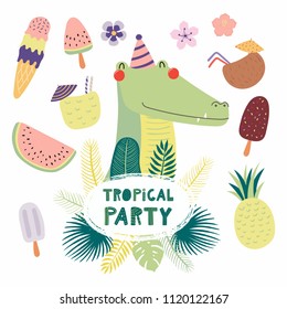 Hand drawn vector illustration of a cute funny crocodile in a party hat, with fruit, ice cream, cocktails, quote Tropical party. Isolated objects. Scandinavian style flat design. Concept invitation.