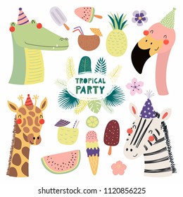 Hand drawn vector illustration of a cute funny crocodile, flamingo, giraffe, zebra in party hats, with fruit, ice cream, cocktails, quote. Isolated objects. Scandinavian style flat design. Invitation.