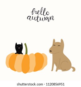 Hand Drawn Vector Illustration Of A Cute Funny Little Black Cat, Big Pumpkin, Dog, With Lettering Quote Hello Autumn. Isolated Objects On White Background. Flat Style Design. Concept For Fall Harvest.