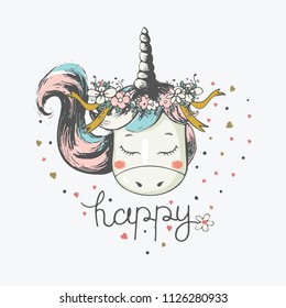 hand drawn vector illustration of cute romantic unicorn with circlet of flowers/can be used for kid's or baby's shirt design/fashion print design/fashion graphic