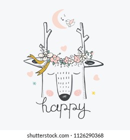 hand drawn vector illustration of cute romantic deer with circlet of flowers/can be used for kid's or baby's shirt design/fashion print design/fashion graphic