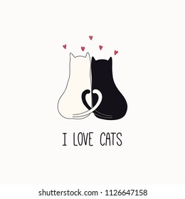 Hand drawn vector illustration cute funny cats together  hearts  and quote I love cats  Isolated objects white background  Line drawing  Design concept for poster  t  shirt print 