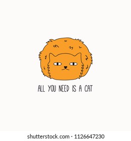 Hand drawn vector illustration of a cute funny ginger cat, curled, with quote All you need is a cat. Isolated objects on white background. Line drawing. Design concept for poster, t-shirt print.