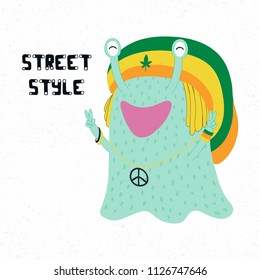 Hand drawn vector illustration of a cute funny monster in a rasta hat, making peace signs, with quote Street style. Isolated objects on white background. Design concept for children print.