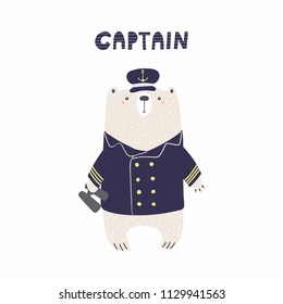 Hand drawn vector illustration of a cute funny bear sailor in captain cap, with binoculars, text. Isolated objects on white background. Scandinavian style flat design. Concept for kids, nursery print.