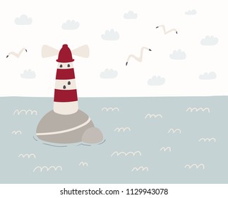 Hand drawn vector illustration of a cute sea landscape with lighthouse, seagulls, clouds. Scandinavian style flat design. Concept for kids, nursery print.