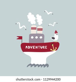 Hand drawn vector illustration of a cute funny ship named Adventure, sailing, with a seagull. Isolated objects on white background. Scandinavian style flat design. Concept for kids, nursery print.