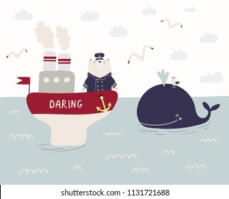Hand drawn vector illustration of a cute funny sailor bear sailing on a ship, whale swimming in the sea, seagulls, clouds. Scandinavian style flat design. Concept for kids, nursery print.