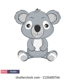 Hand drawn vector illustration of a cute funny koala. Isolated objects on white background. Design concept for children t-shirt.