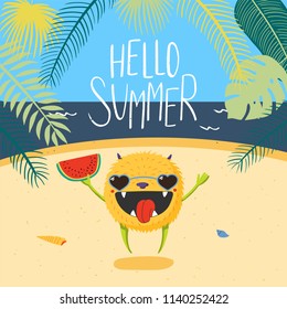 Hand drawn vector illustration of a cute little monster in sunglasses jumping happily on the beach, with lettering quote Hello Summer. Flat style design. Concept for change of seasons, children print.
