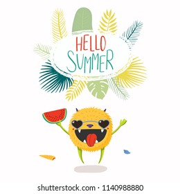 Hand drawn vector illustration of a cute little monster in sunglasses, with quote Hello Summer. Isolated objects on white background. Flat style design. Concept for change of seasons, children print.