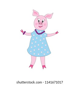 Hand drawn vector illustration of a cute funny piggy girl in a blue dress. Isolated objects.Vector illustration of Cute pig cartoon posing. miss/woman pig flat design. Concept for children print.